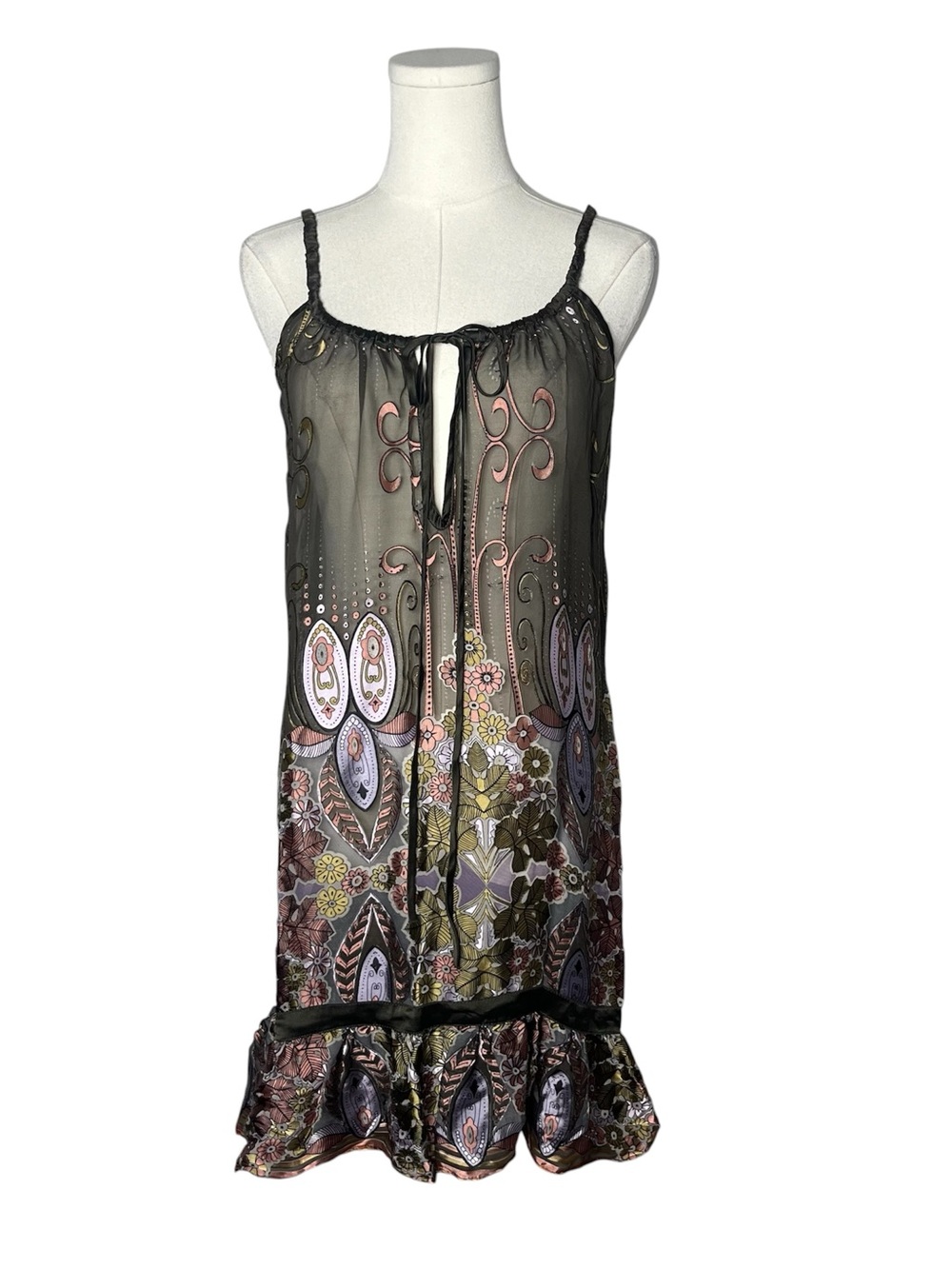 Vintage Hale Bob Sheer Brown Pink Floral Silk Velvet Chemise Slip Mini Dress